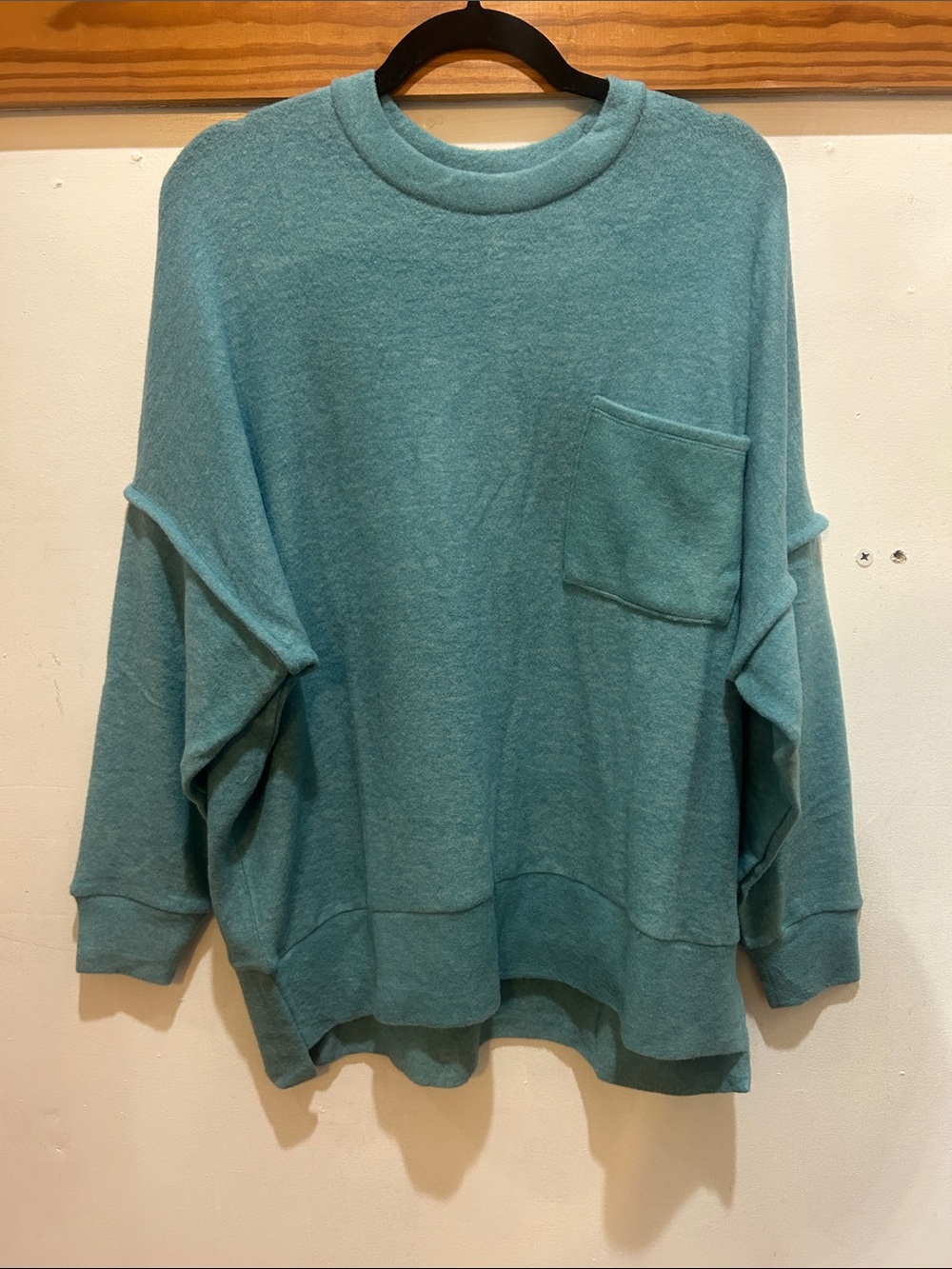 Zenana Dusty Teal Drop Shoulder Oversized Pocket Crewneck Sweater